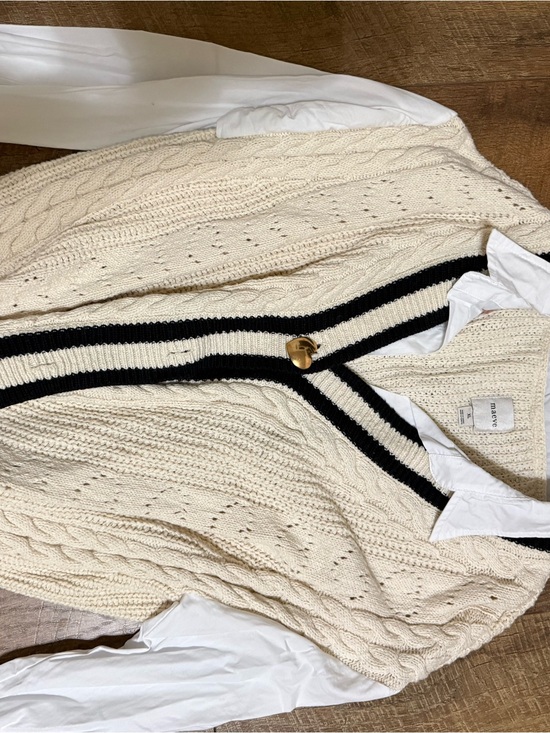 Maeve Sweaters - Maeve Cream Cable-Knit Cardigan with Black Trim and Gold Button